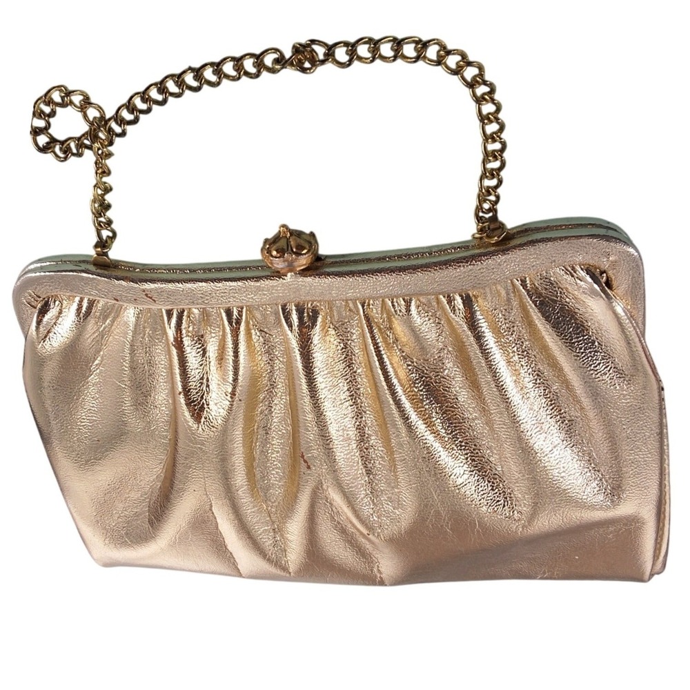 Vintage Gold Satin Ruched Evening Clutch | Champagne Kiss Lock Purse‎